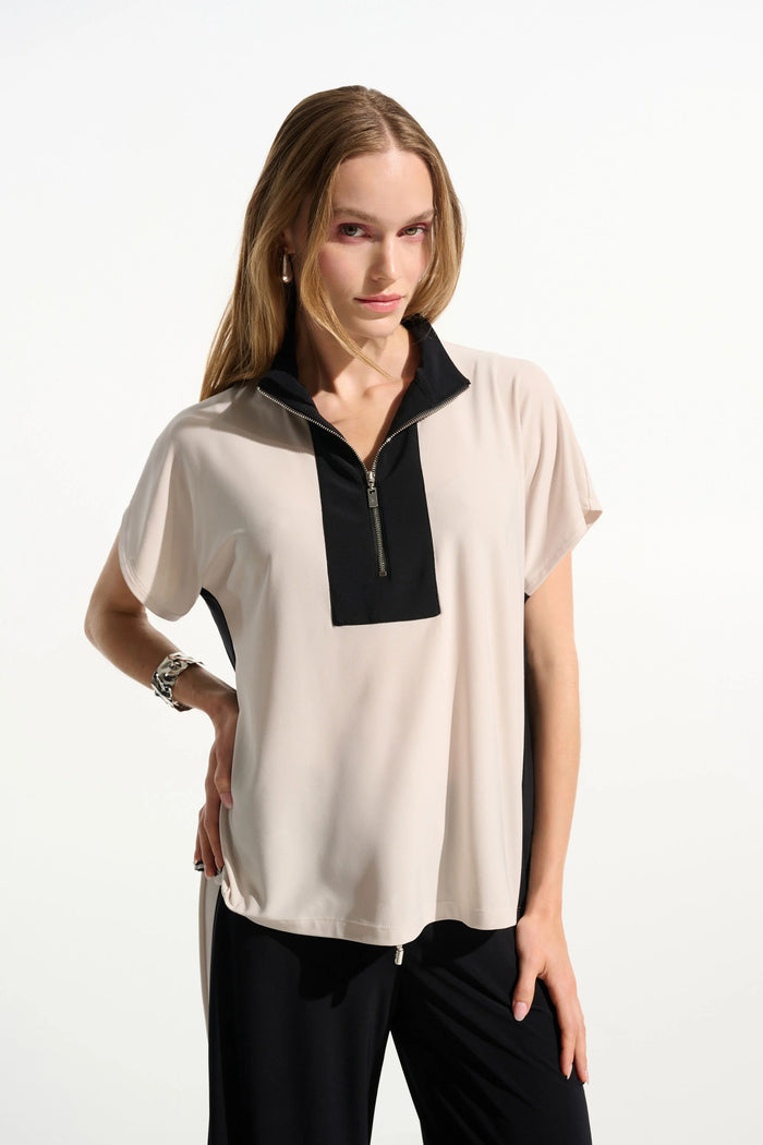 Joseph Ribkoff Silky Knit Color Block Straight Top With Zipped Collar