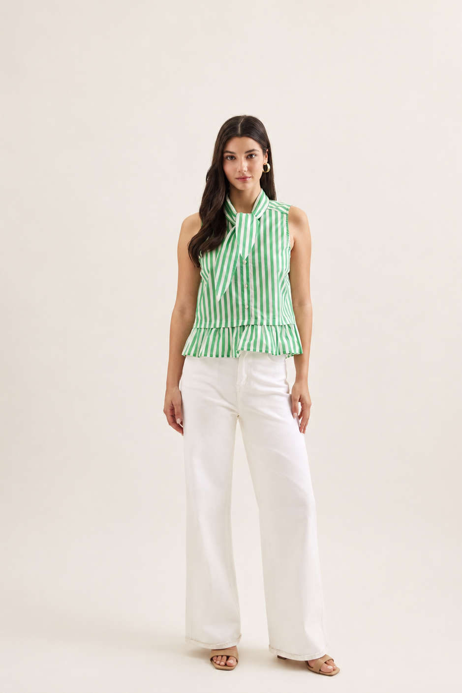 Green Striped Sleeveless with Tie Neck