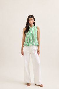 Green Striped Sleeveless with Tie Neck