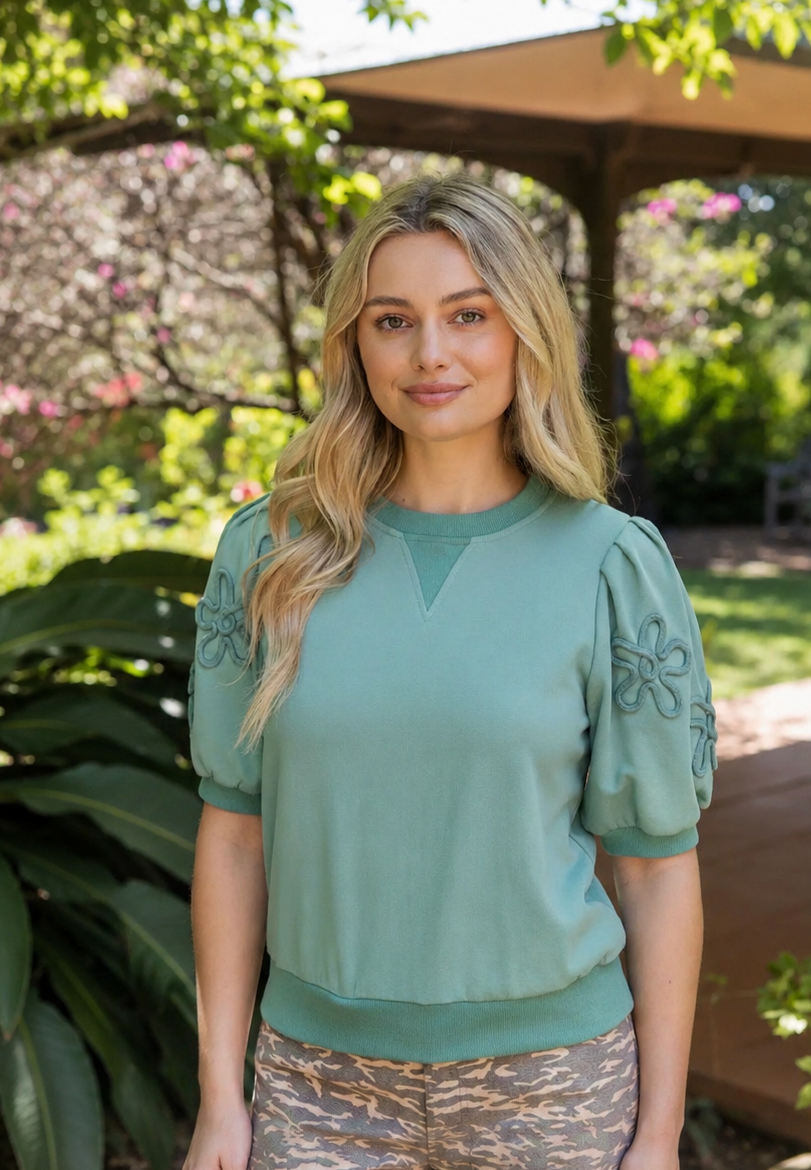 Floral Embroidered Sleeve French Terry Top