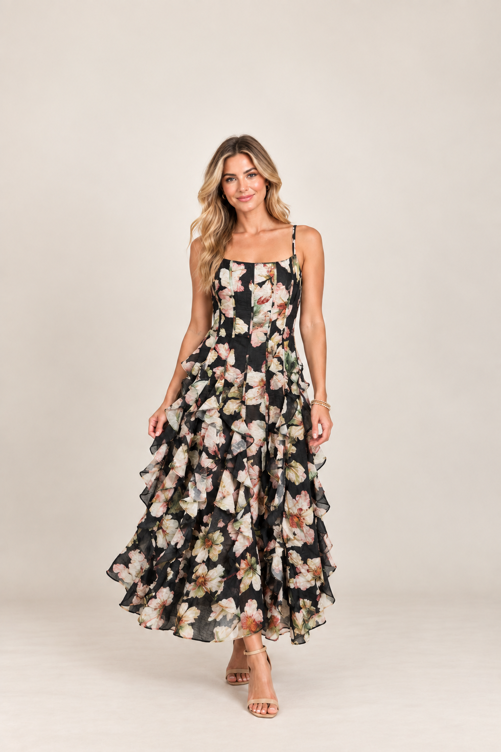 Romantic Floral Ruffle Hem Gown