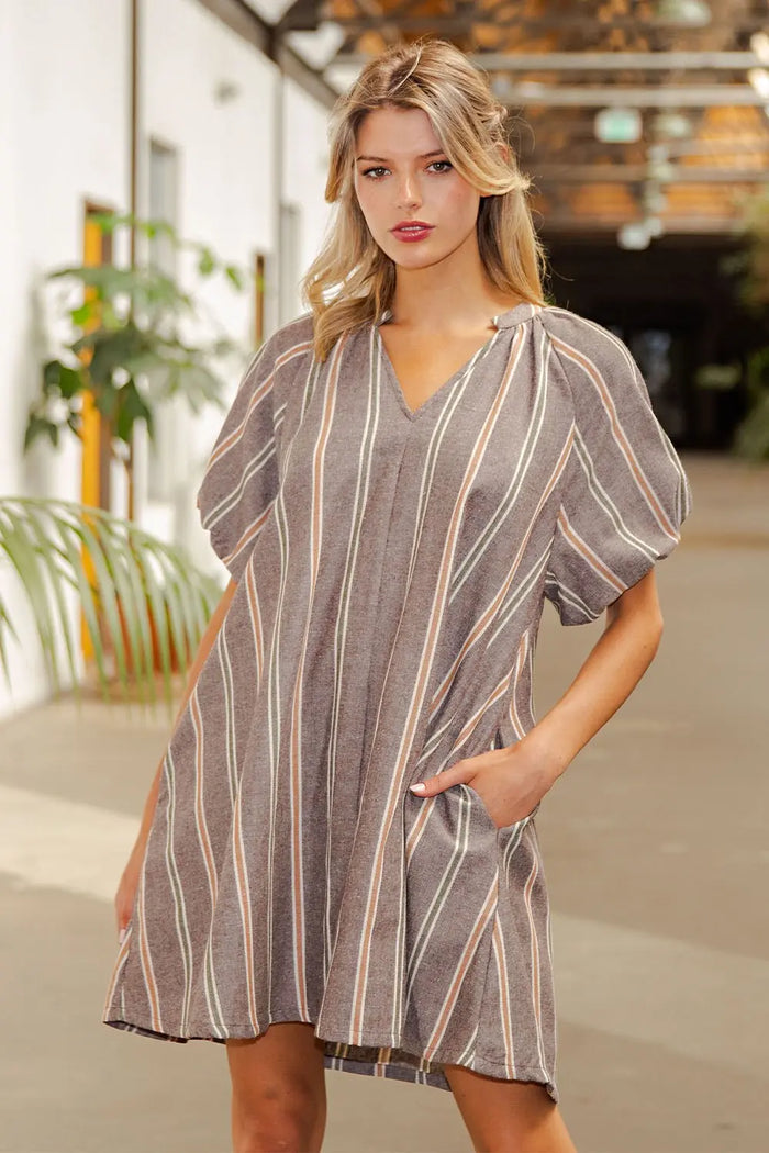 EE:SOME Striped V-Neck Mini Dress