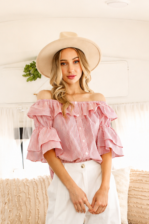Button Front Striped Flutter Stylish Blouse Top