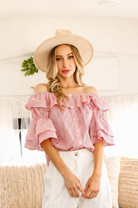 Button Front Striped Flutter Stylish Blouse Top