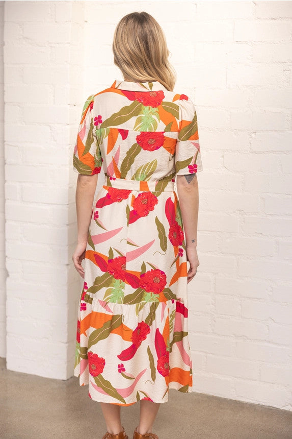 Zip Up Front Self Waist Belt Collared Midi Floral Dress