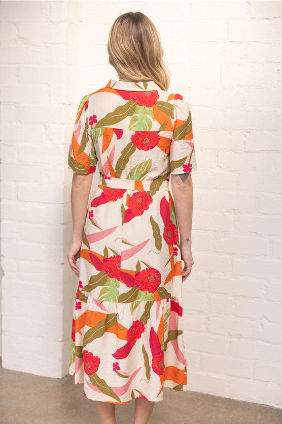 Zip Up Front Self Waist Belt Collared Midi Floral Dress