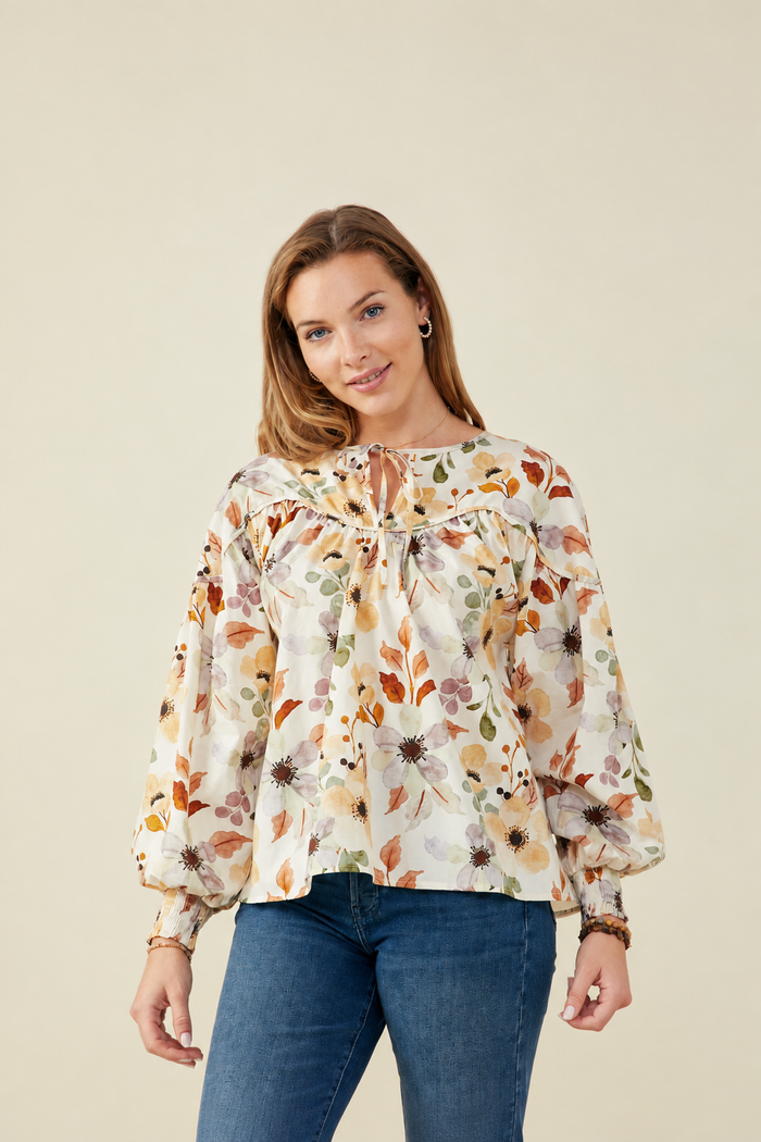 Foliage Printed Tie Detail Piped Top