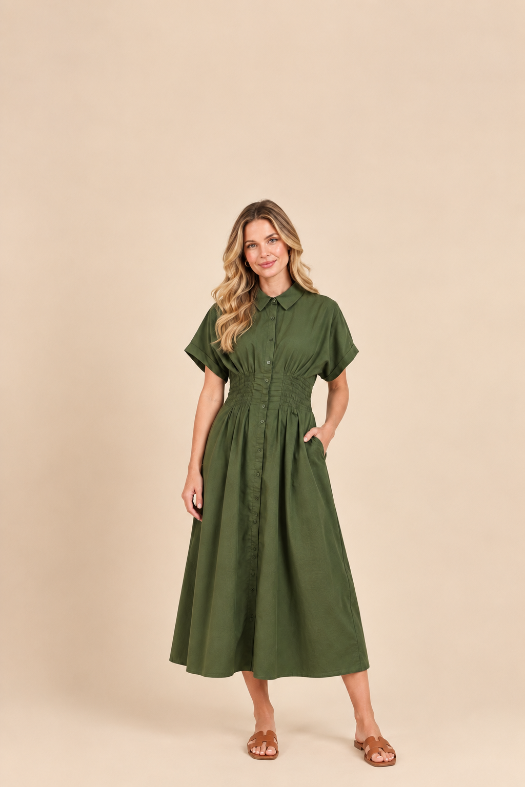 Olive Corduroy Midi Dress