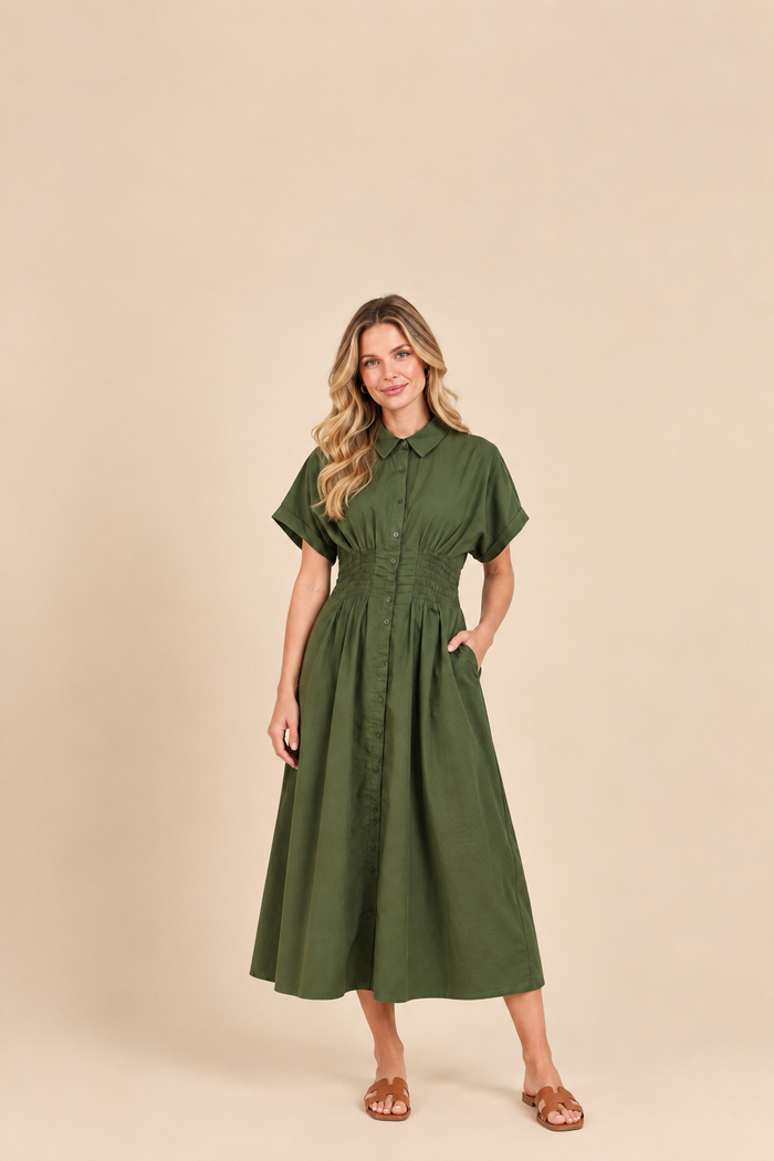 Olive Corduroy Midi Dress