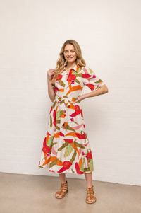 Zip Up Front Self Waist Belt Collared Midi Floral Dress