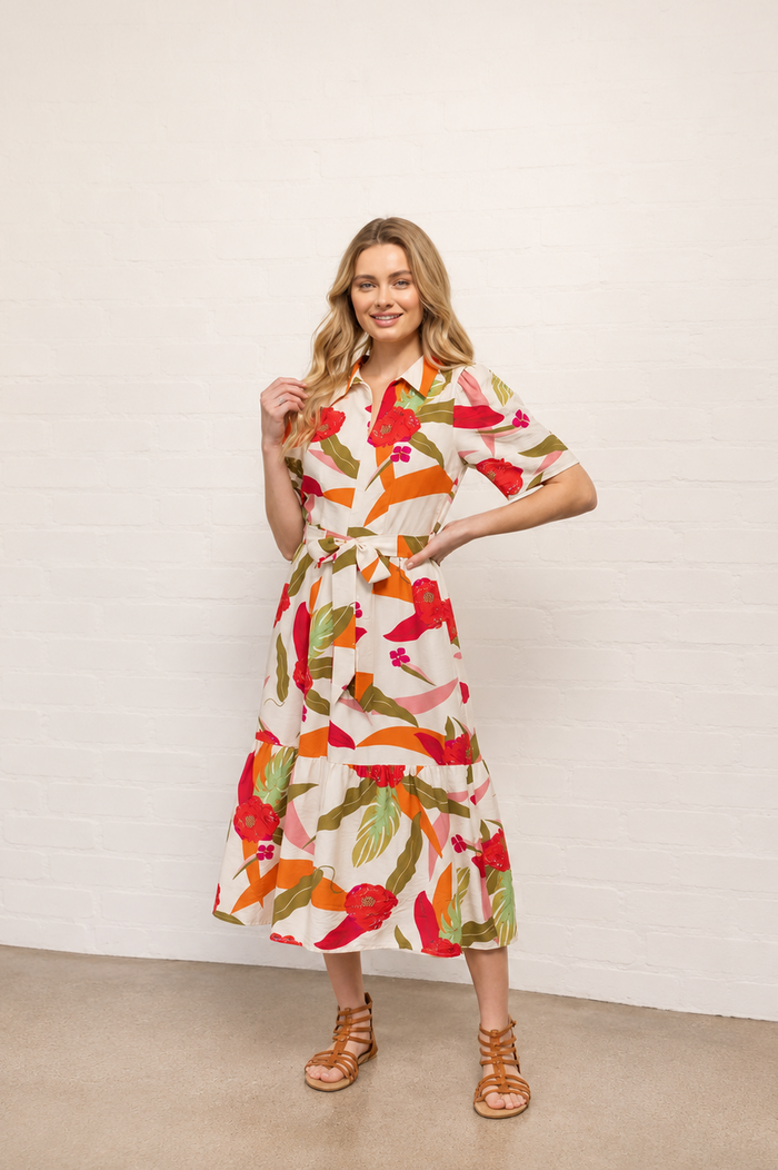 Zip Up Front Self Waist Belt Collared Midi Floral Dress