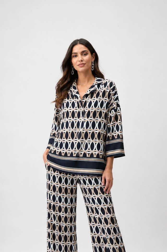 Joseph Ribkoff Recycled Woven Geometric Print Boxy Top With Shirt Collar