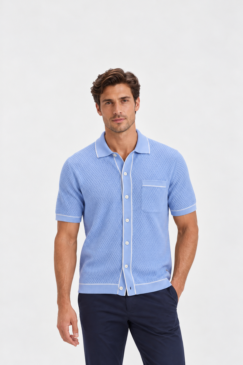 Bugatchi Air Blue Geometric Knit Shirt