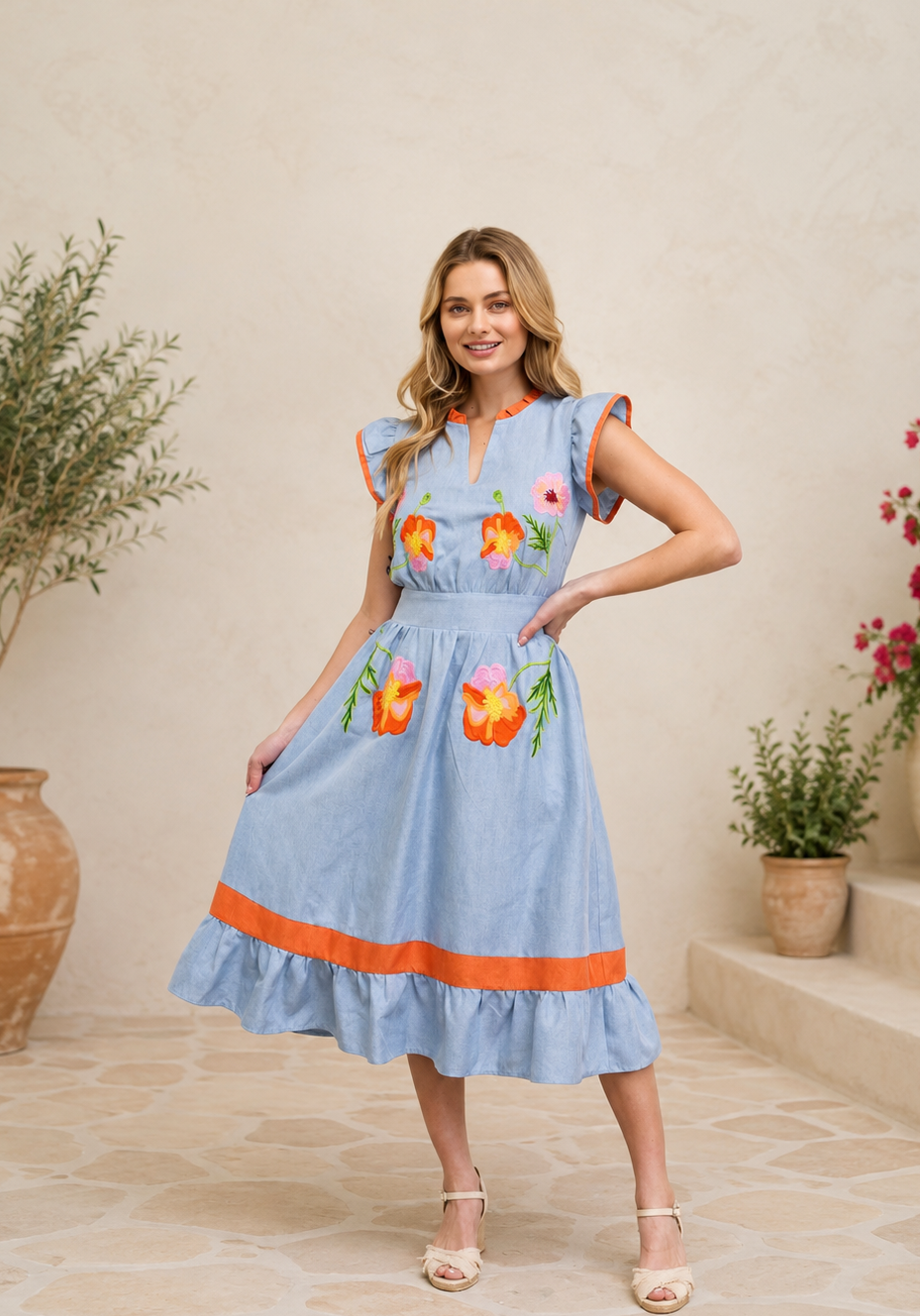 Ruffle Detailed Floral Embroidery Midi Dress