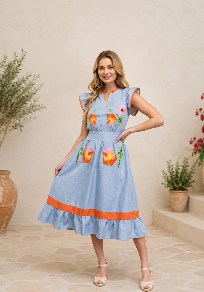 Ruffle Detailed Floral Embroidery Midi Dress