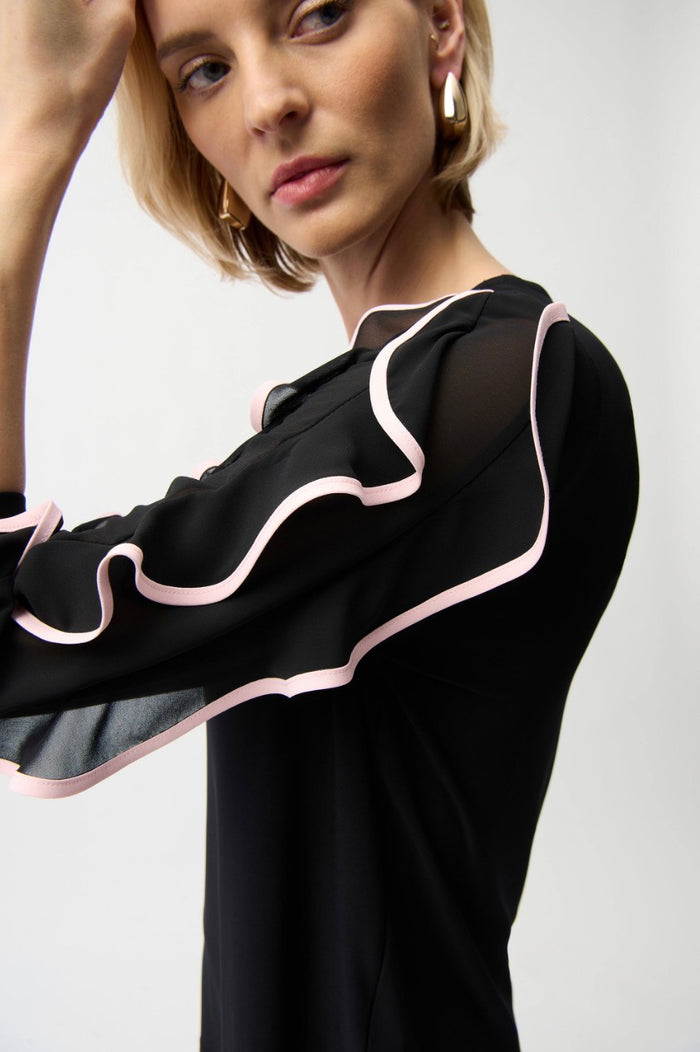 Joseph Ribkoff- Silky Knit Top With Chiffon Ruffle Sleeve