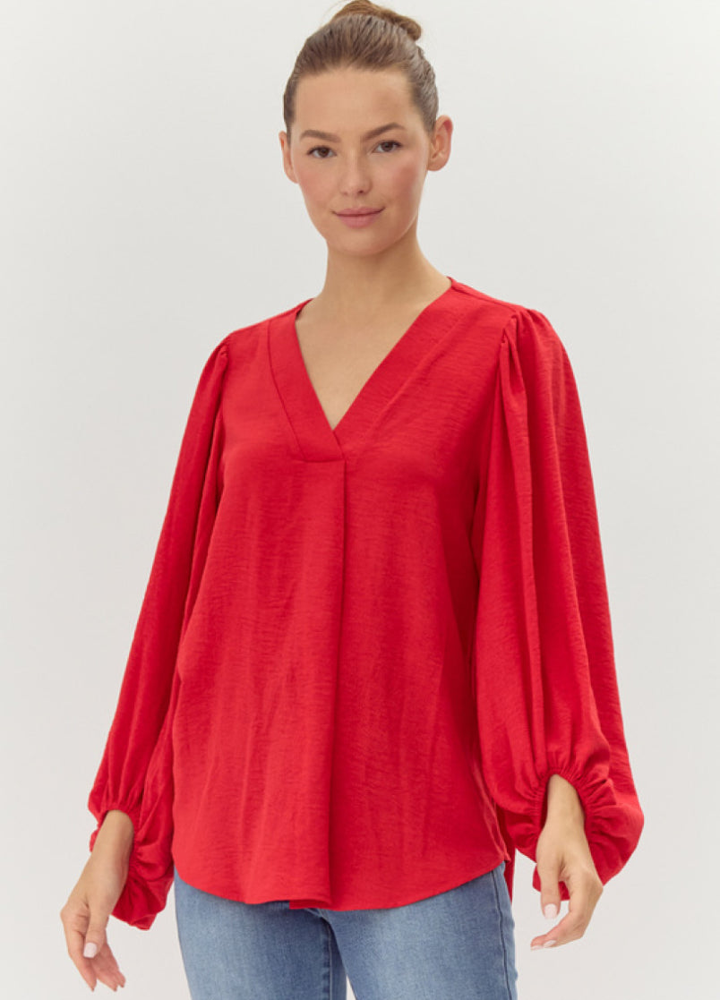 Jodifl Red Long Bubble Sleeve V-neck Top