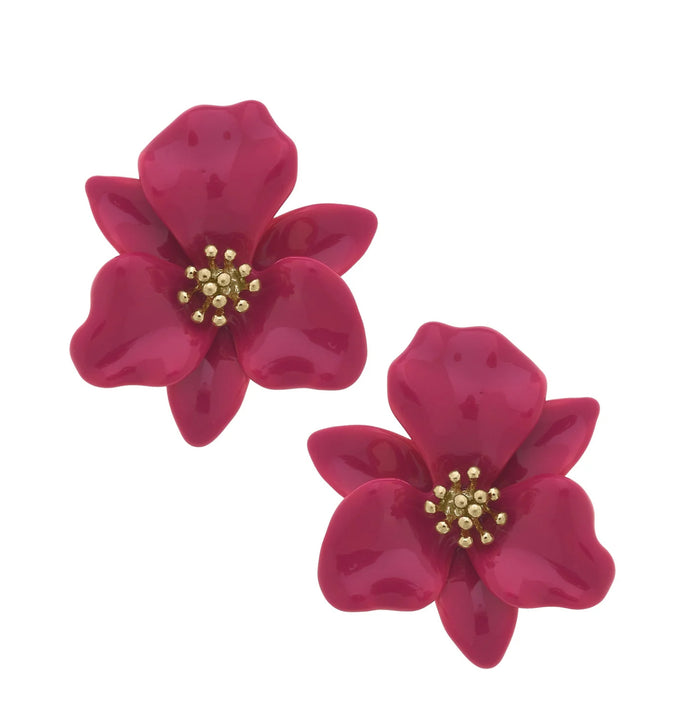 Valentina Enamel Flower Statement Earrings in Fuchsia