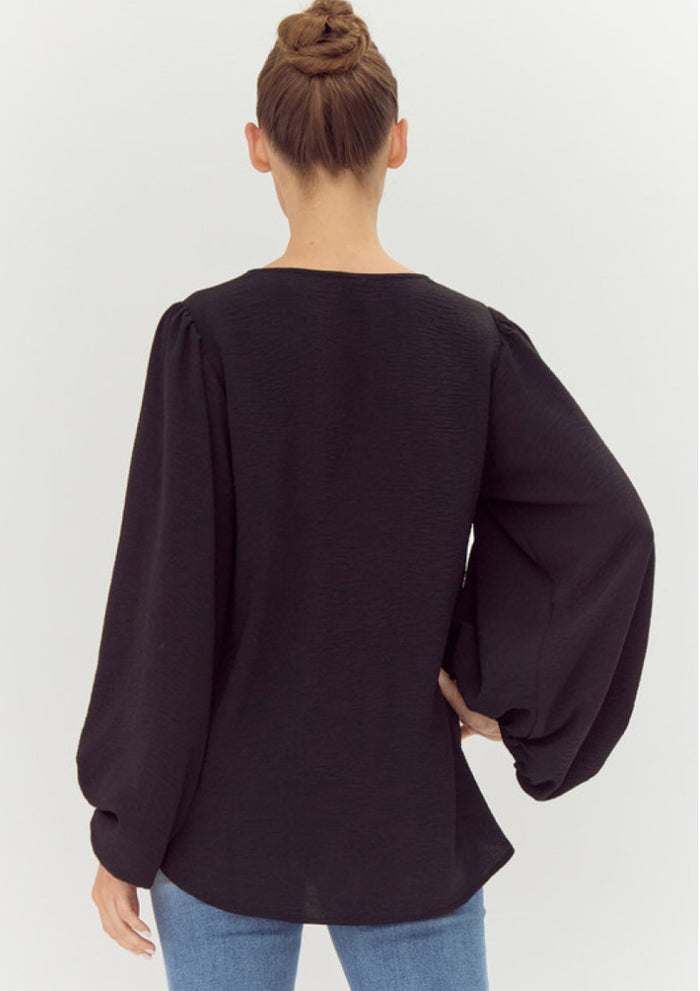 Jodifl Black Long Bubble Sleeve V-neck Top