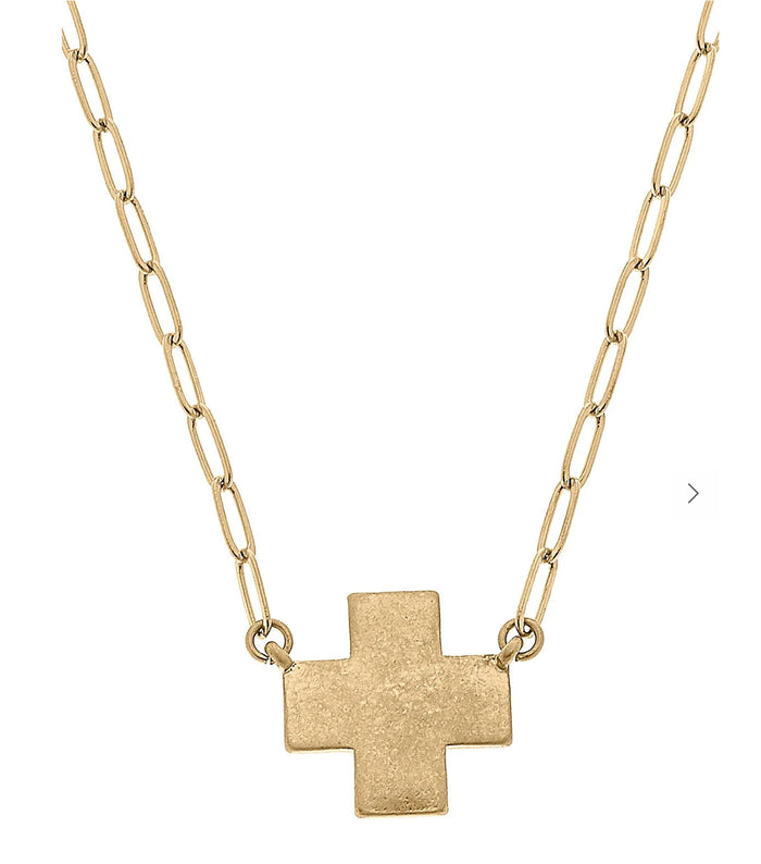 Edith Square Cross Necklace In Worn Gold