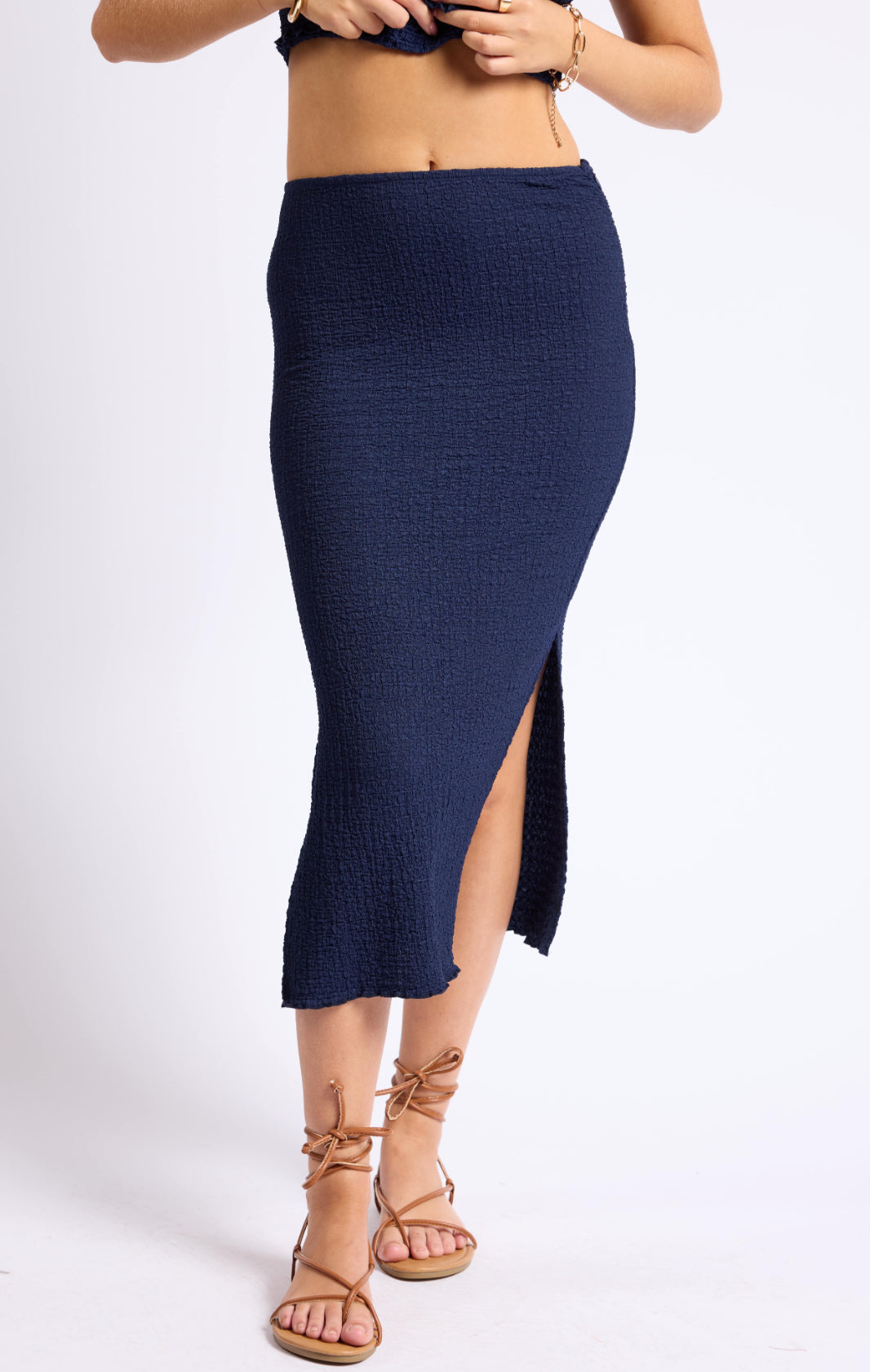 Sage The Label Navy Popcorn Knit Midi Skirt