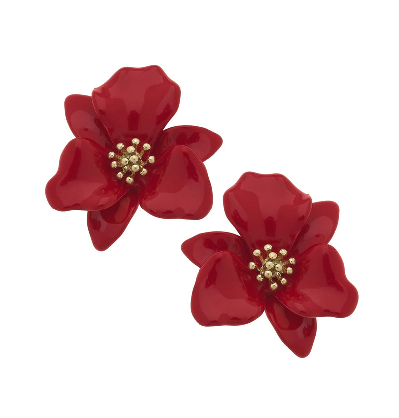 Valentina Enamel Flower Statement Earrings in Red