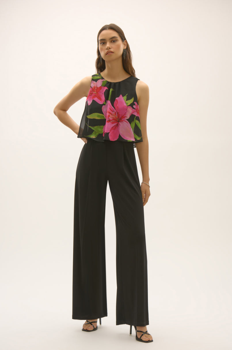 Joseph Ribkoff Signature | Silky Knit and Floral Chiffon Wide Leg Jumpsuit