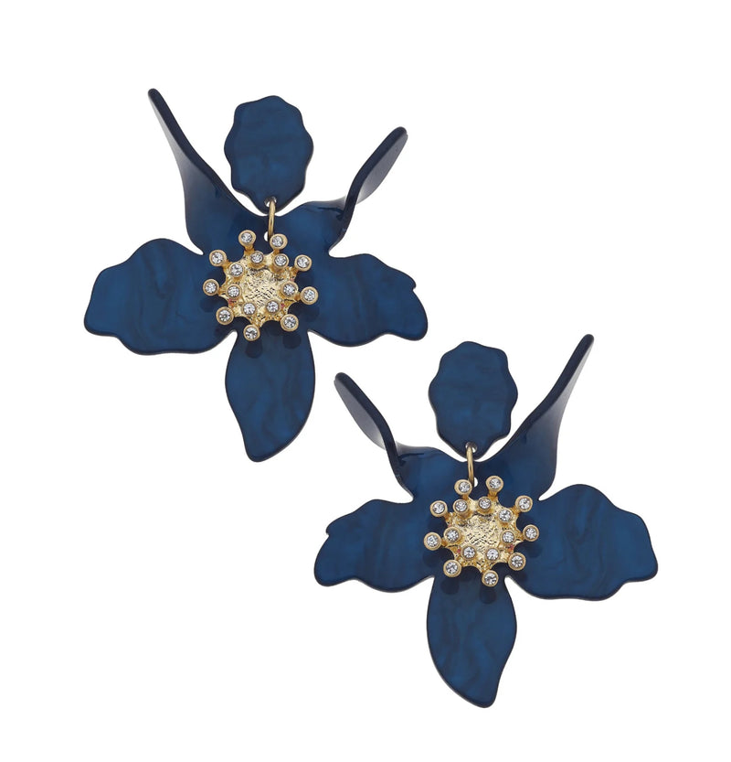 Chloe Resin Flower Statement Earrings in Navy