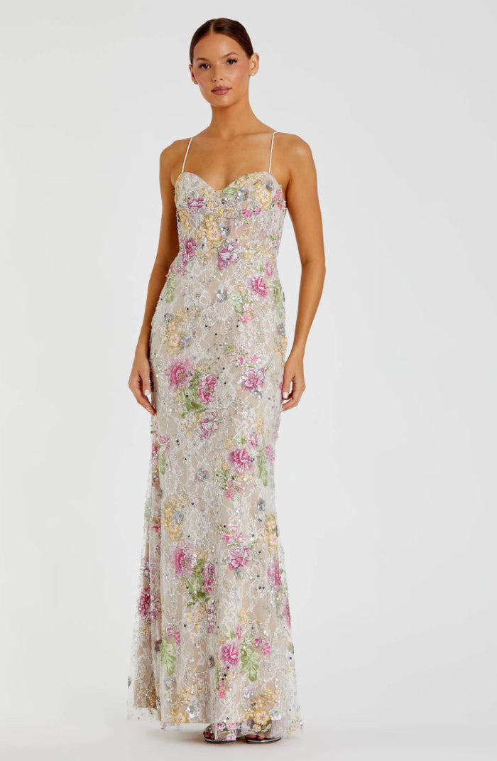 Mac Duggal Multicolor Floral Embellished Sleeveless Bustier Gown