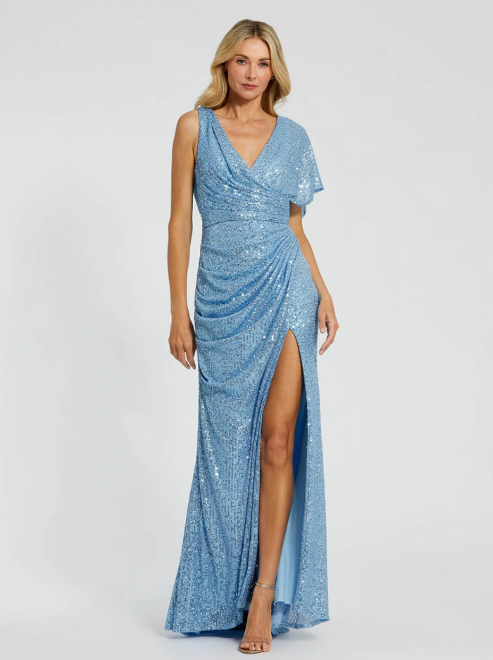 Mac Duggal Blue Sequined Asymmetrical Draped Trumpet Gown