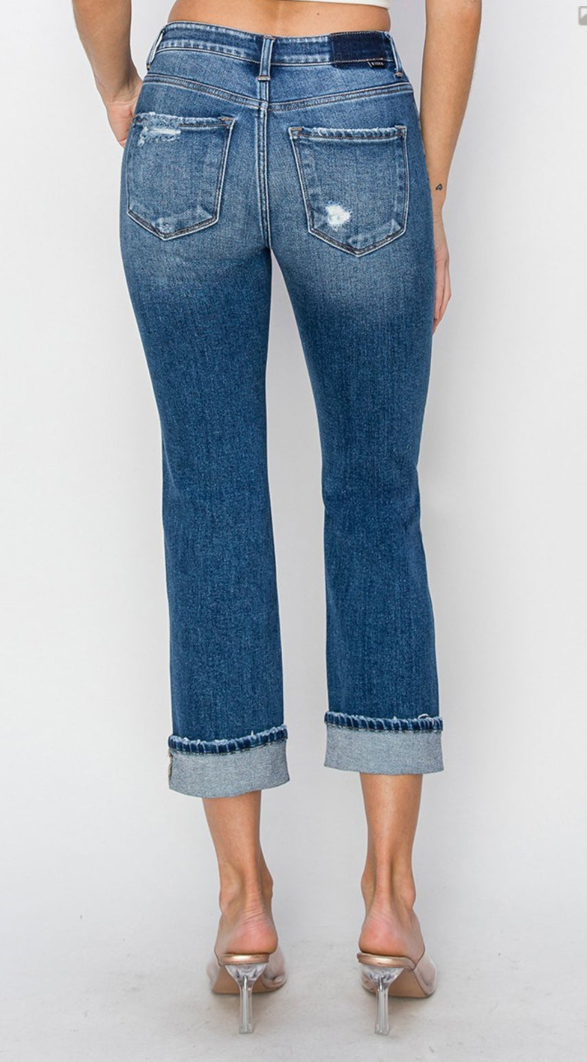 Risen Mid Rise Ankle Straight Cuffed Jeans