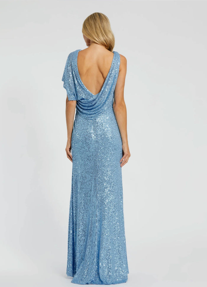 Mac Duggal Blue Sequined Asymmetrical Draped Trumpet Gown