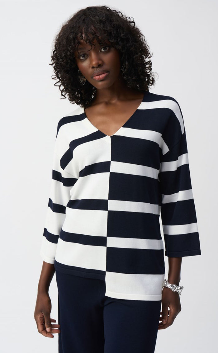 Joseph Ribkoff Striped Sweater Knit V-Neck Pullover