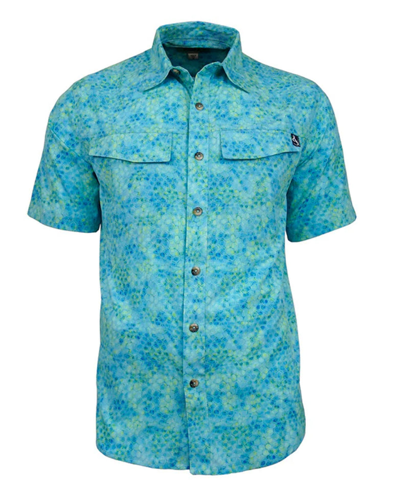 Hook and Tackle Hexa Dreams Stretch Short Sleeve Fishing Shirt- Aqua Green