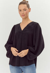 Jodifl Black Long Bubble Sleeve V-neck Top