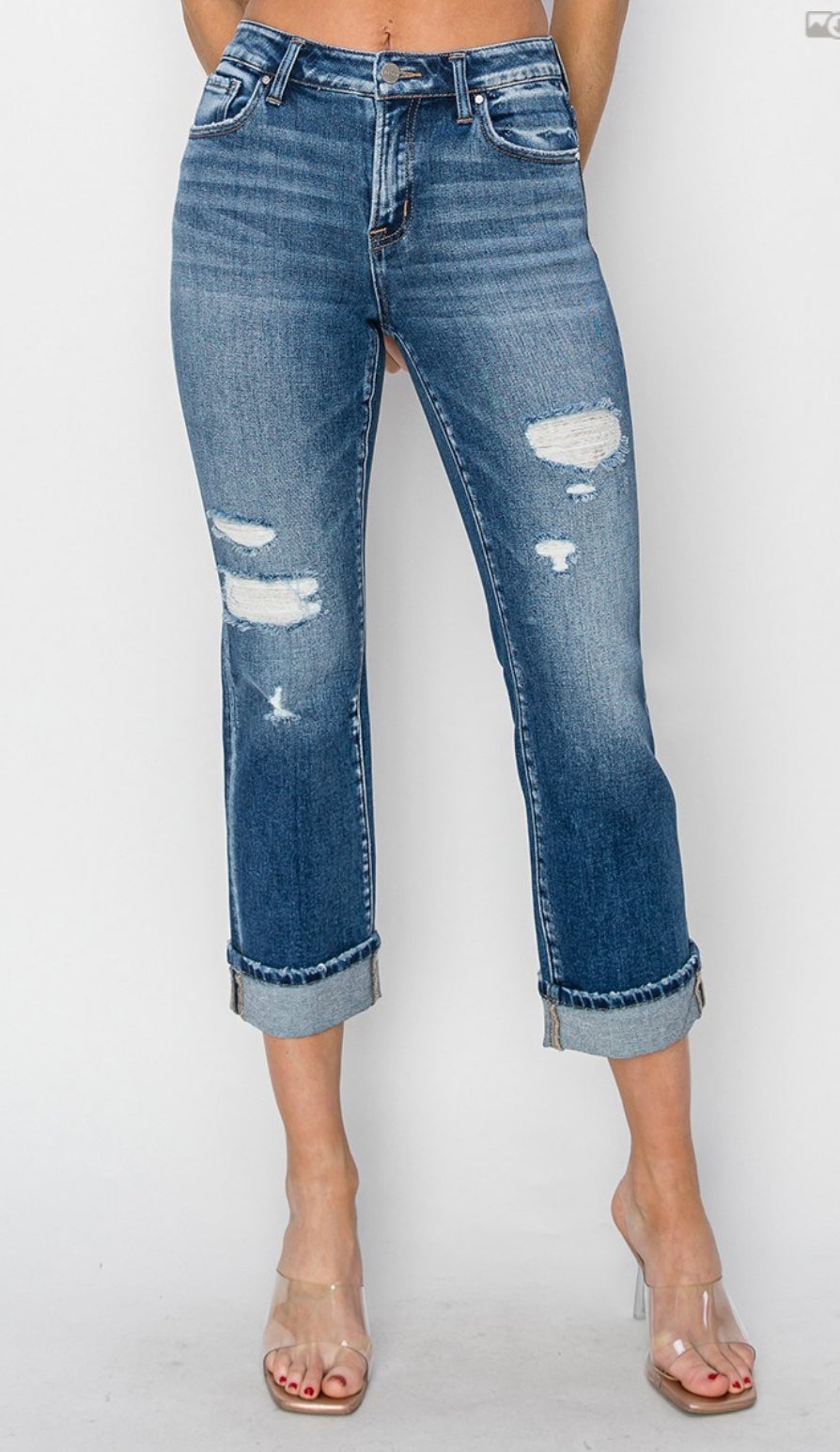 Risen Mid Rise Ankle Straight Cuffed Jeans