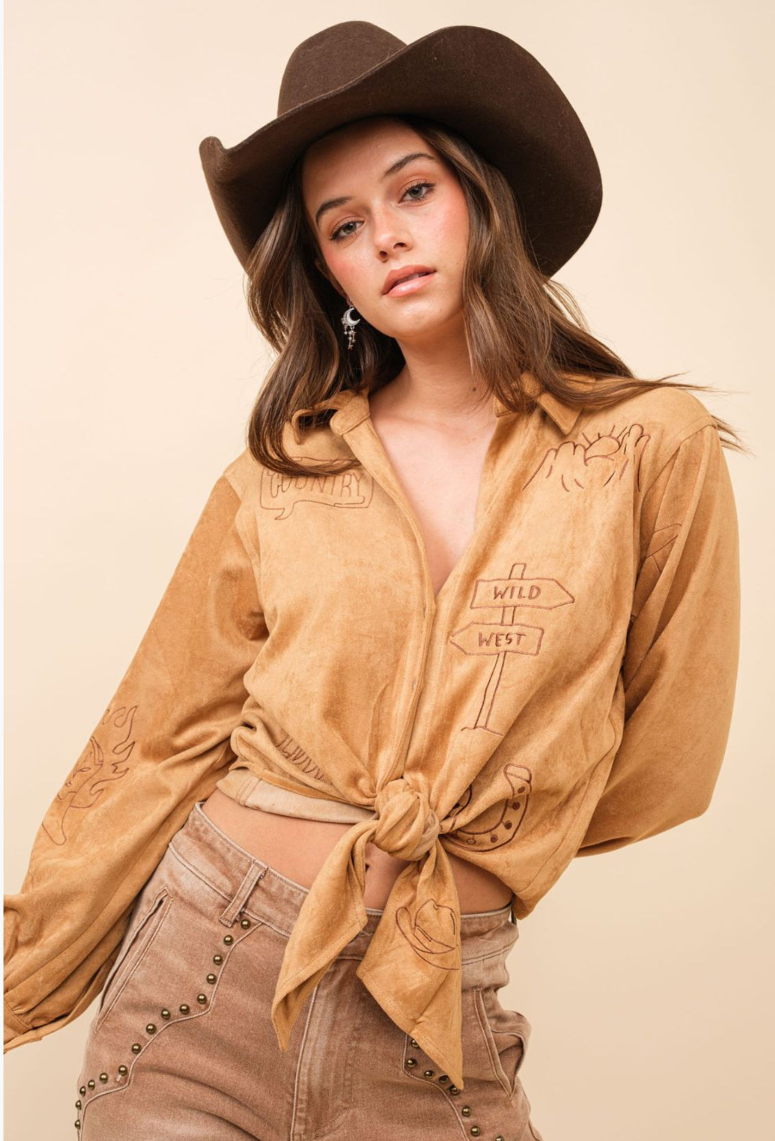 Suede Western Embroidered Tie Front Shirt