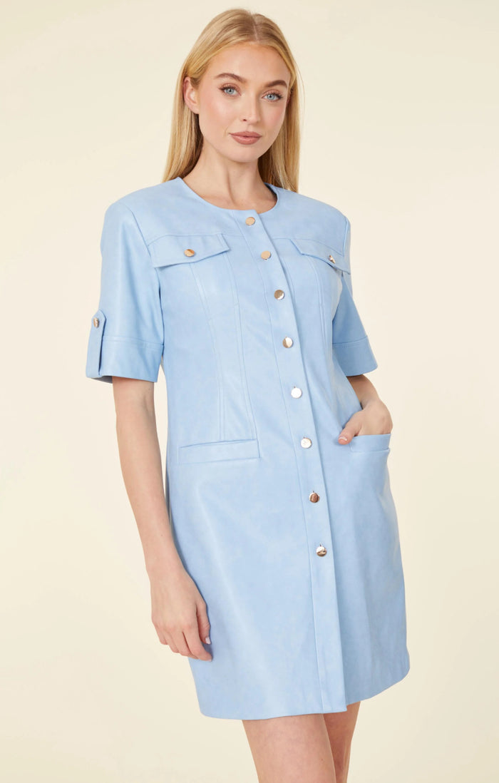 DolceCabo Blue Short Sleeve Vegan Leather Dress