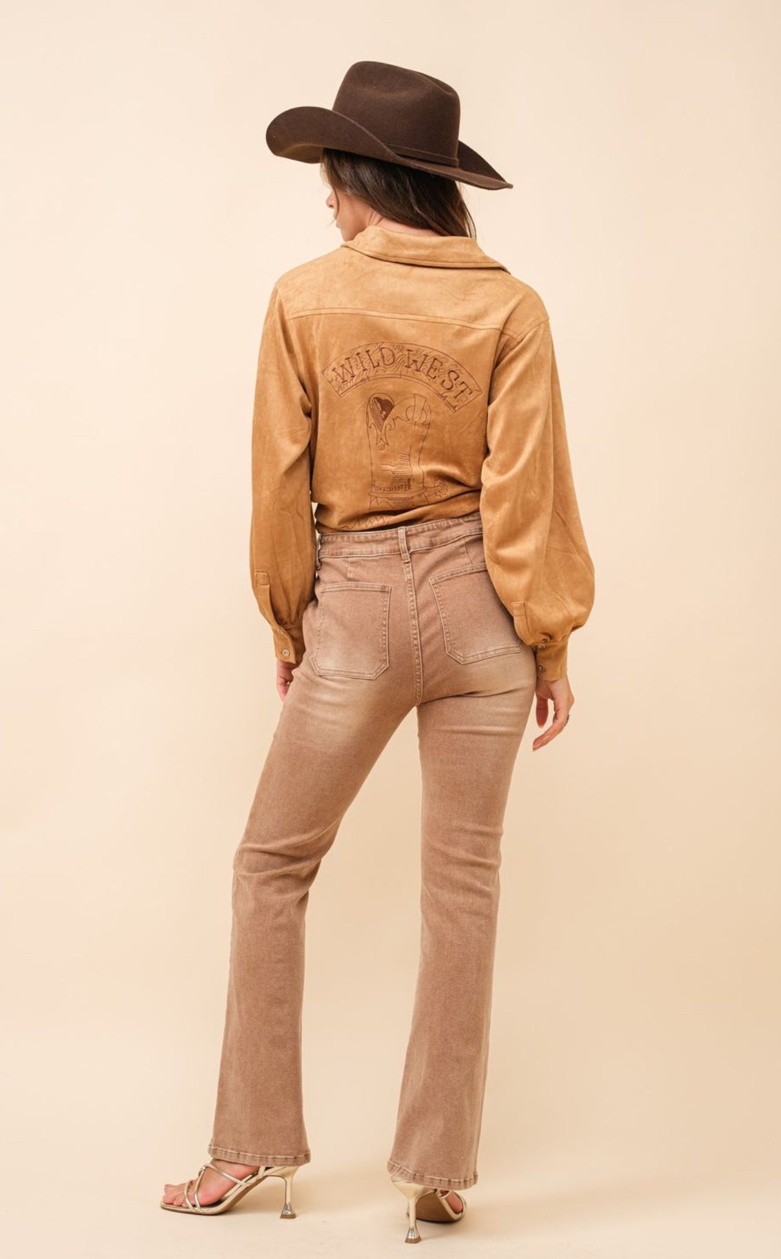 Suede Western Embroidered Tie Front Shirt