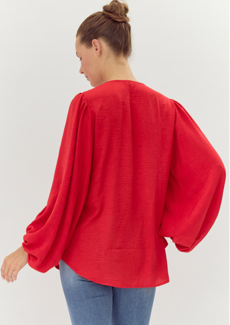 Jodifl Red Long Bubble Sleeve V-neck Top