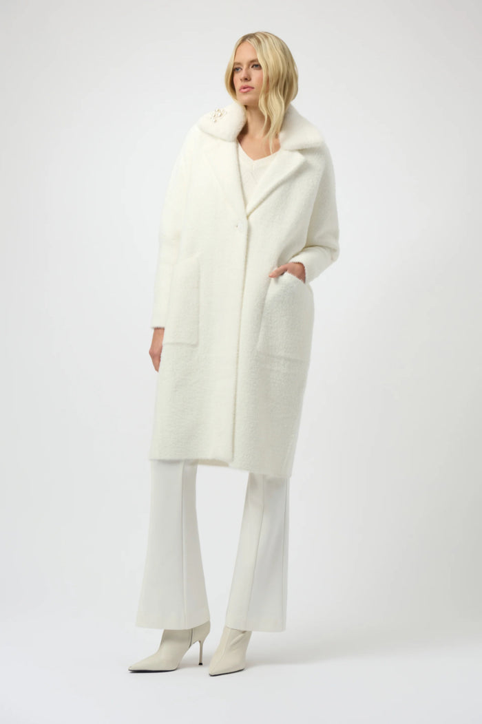 Joseph Ribkoff- Feather Yarn and Faux Fur Sweater Coat