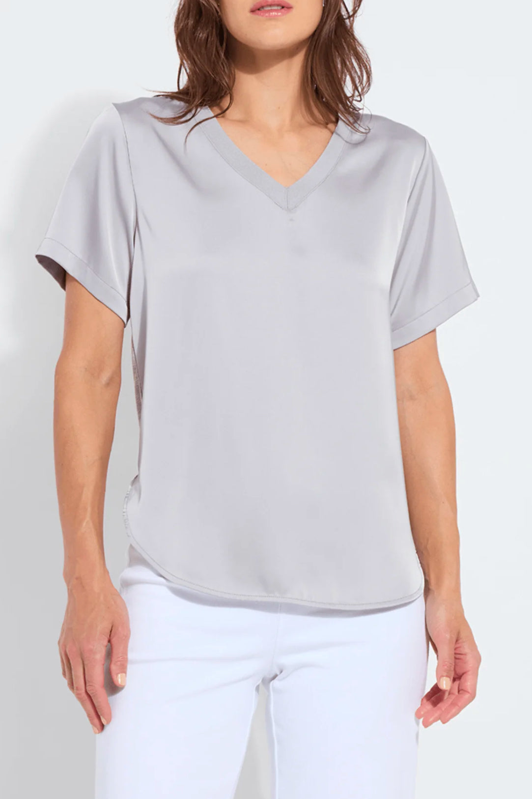 Lysse Sonja V Neck Mix Media Top- Pearl Gray