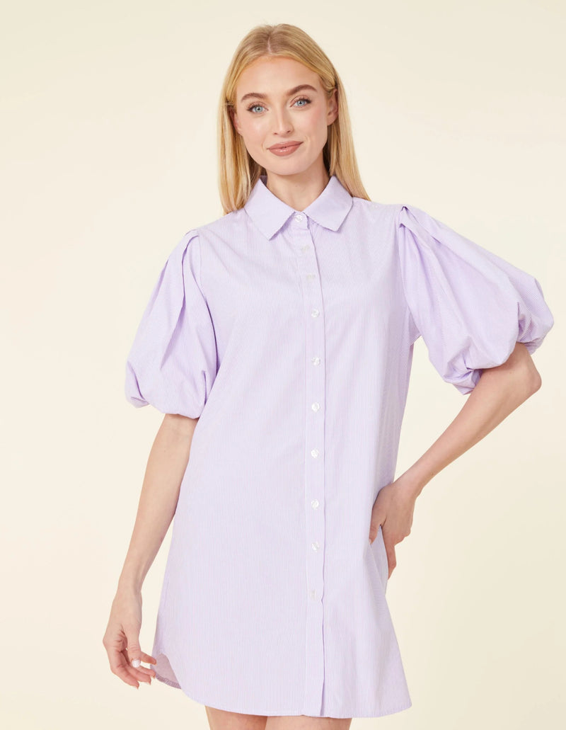 DolceCabo Purple/White Puff Sleeve Stripe Tunic Dress