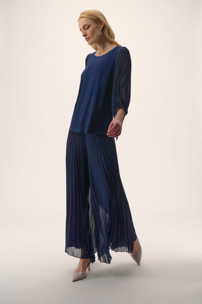Joseph Ribkoff Silky Knit Straight Top with Pleated Chiffon Sleeves