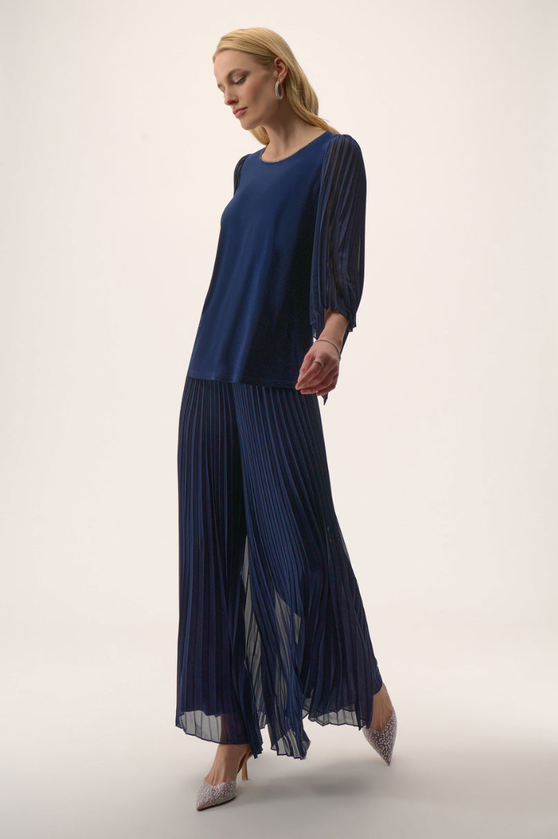 Joseph Ribkoff Silky Knit Straight Top with Pleated Chiffon Sleeves