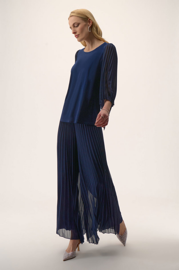 Joseph Ribkoff Silky Knit Straight Top with Pleated Chiffon Sleeves