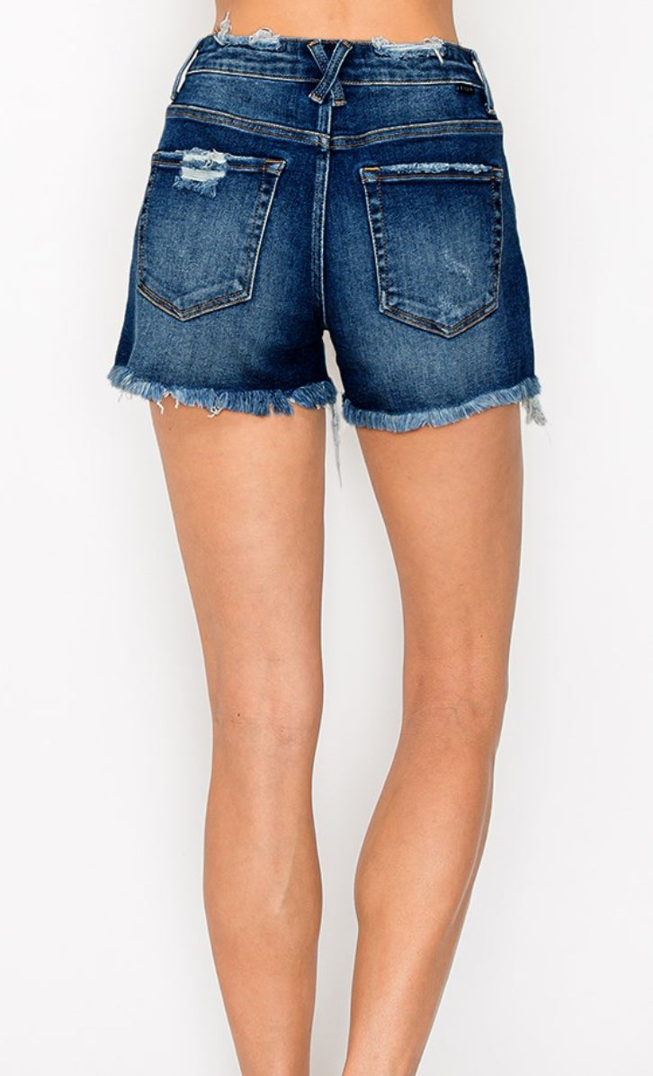 Risen Dark Wash Mid Rise Distressed Shorts