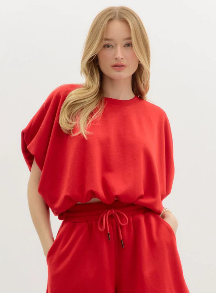 Red Jersey Knit Cropped Bubble Top