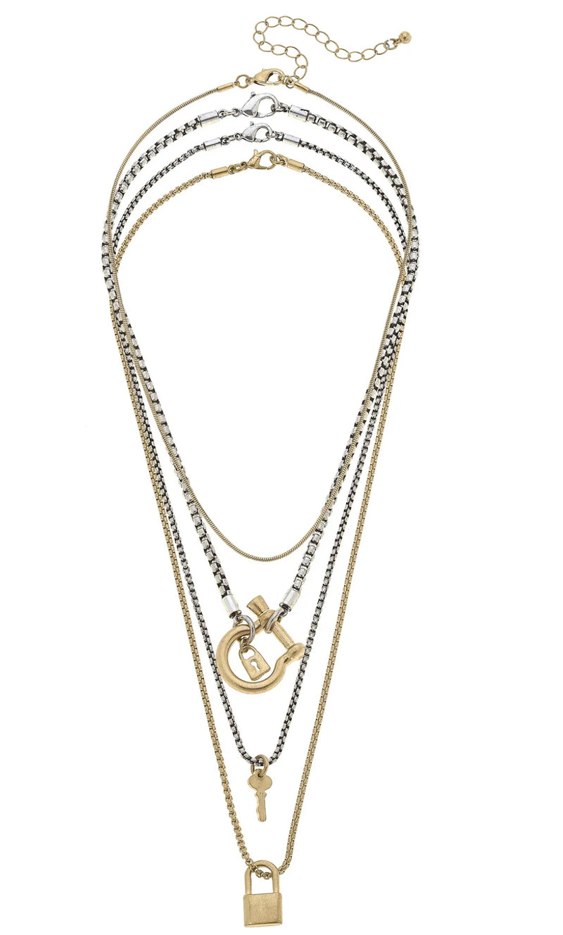 Key to My Heart Lock & Key Charm Layered Necklace Set of 4 in Two Tone