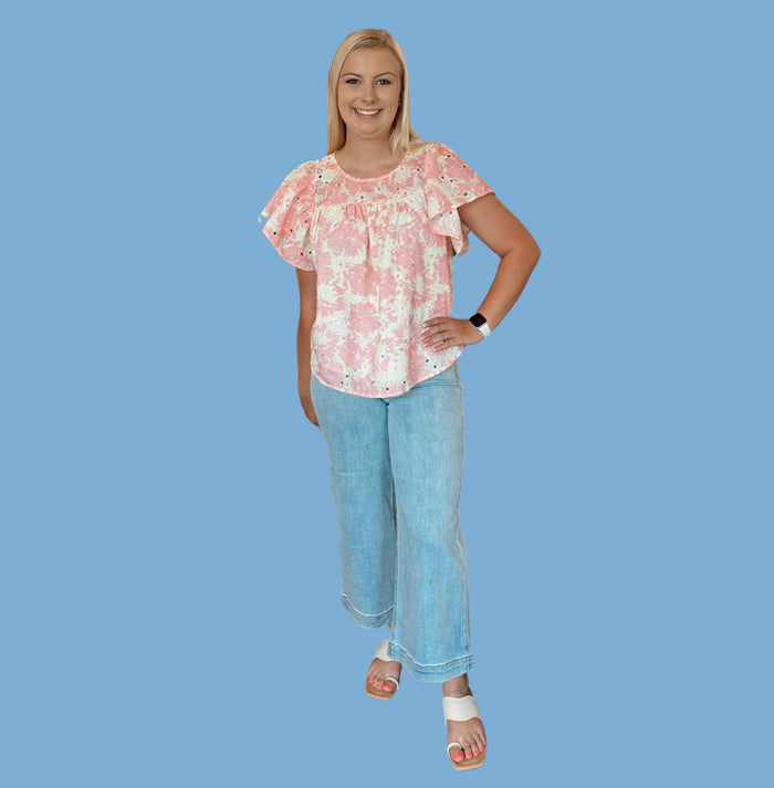 Creamy Rose Butterfly Sleeve Top